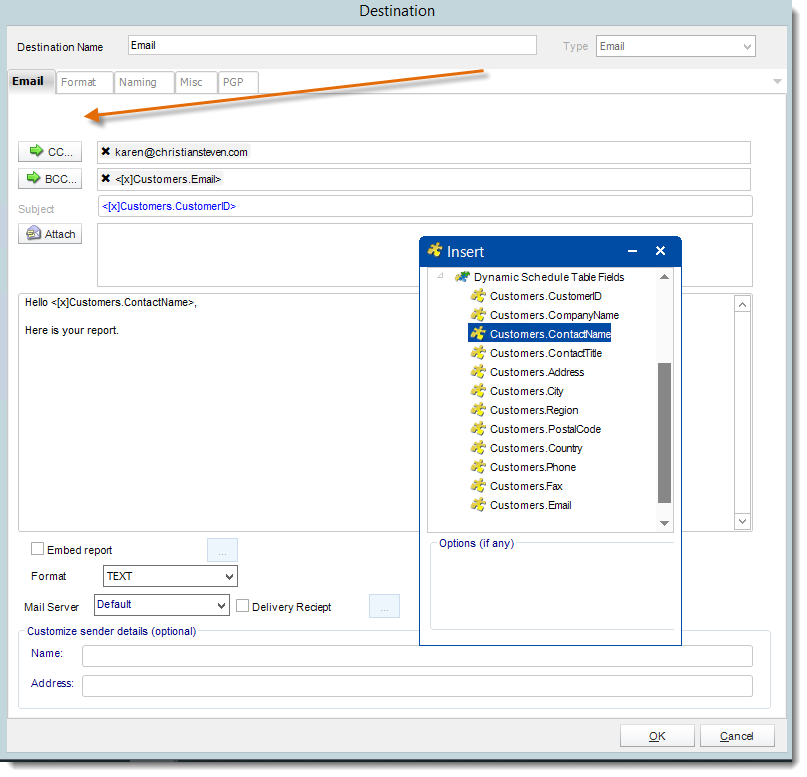 Crystal Reports: Destination Wizard in Dynamic Schedule Report in CRD.