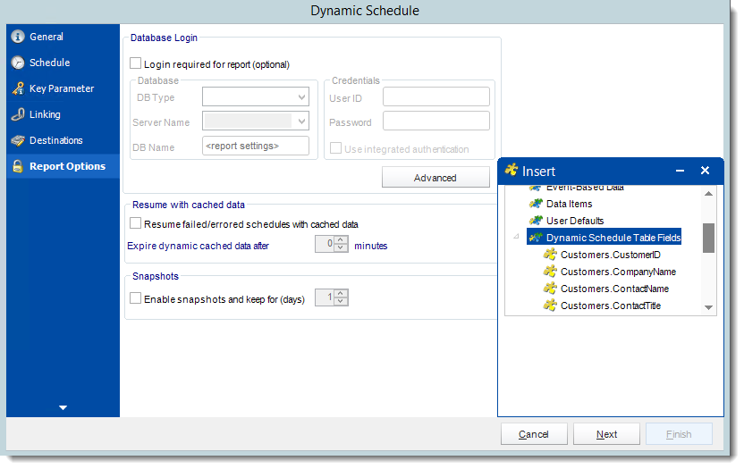 Crystal Reports: Report Options Wizard in Dynamic Schedule Report in CRD.