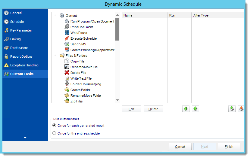 Crystal Reports: Custom Tasks Wizard in Dynamic Schedule Report in CRD.