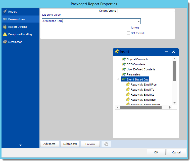 Crystal Reports: New Event Based Schedule Report Properties Wizard in CRD.