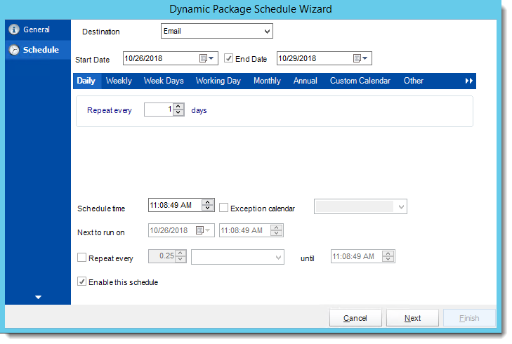 Crystal Reports: Schedule Wizard in Dynamic Package Schedule Reports in CRD.