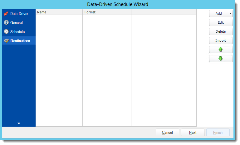 Crystal Reports: Destinations Wizard in Data Driven Schedule in CRD.