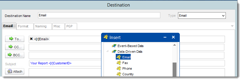 Crystal Reports: Using Data Driven Constants in Email destinations in CRD.