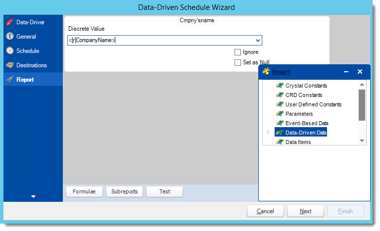 Crystal Reports: Report Wizard in Data Driven Schedule in CRD.
