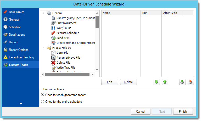 Crystal Reports: Custom Tasks Wizard in Data Driven Schedule in CRD.