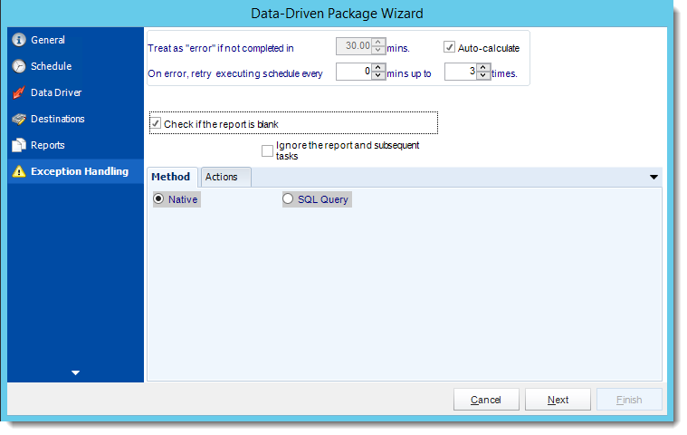 Crystal Reports: Exception Handling Wizard in Data Driven Package in CRD.