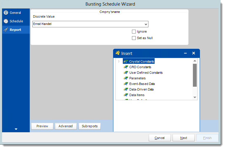 Crystal Reports: Report Wizard in Bursting Schedule in CRD.