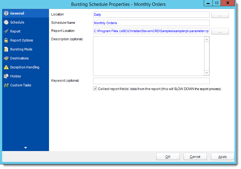 Crystal Reports: Bursting Schedule Properties Wizards in CRD.