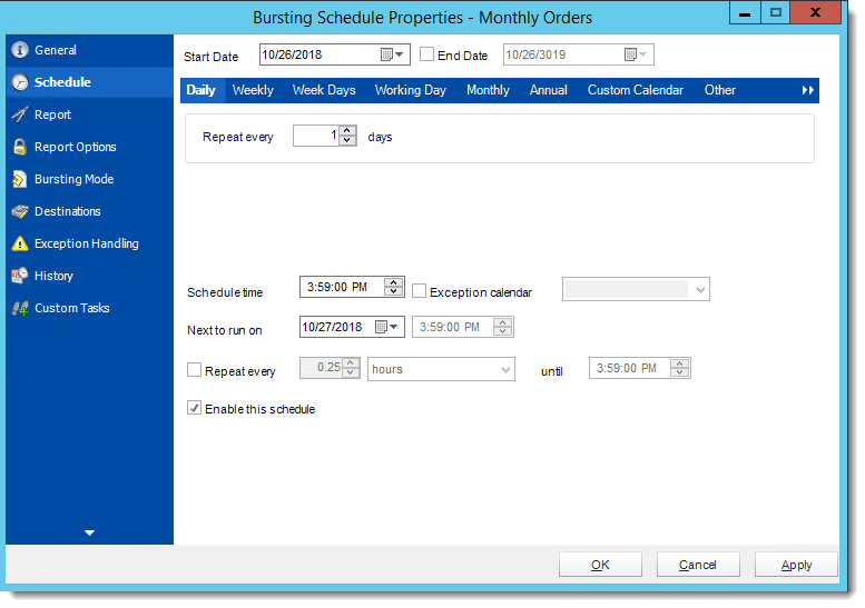 Crystal Reports: Bursting Schedule Properties Wizards in CRD.
