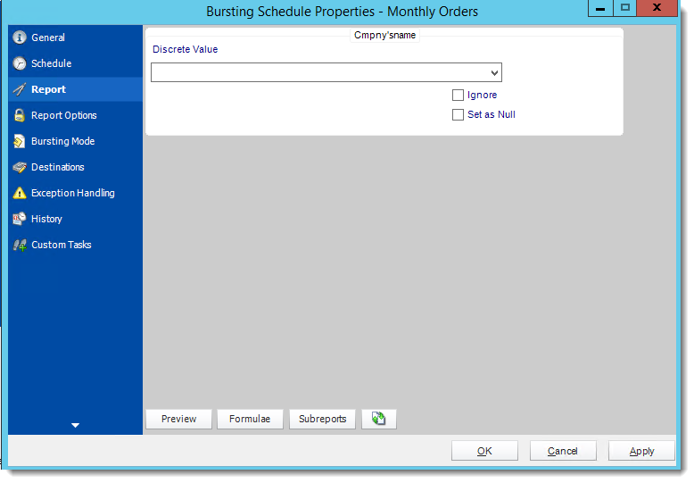 Crystal Reports: Bursting Schedule Properties Wizards in CRD.