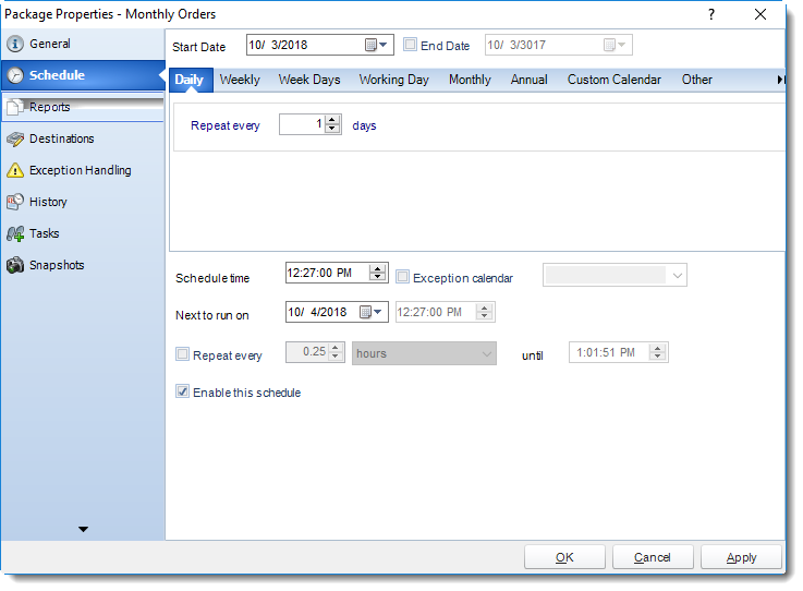 SSRS. Package Report Schedule Properties Wizard in SQL-RD