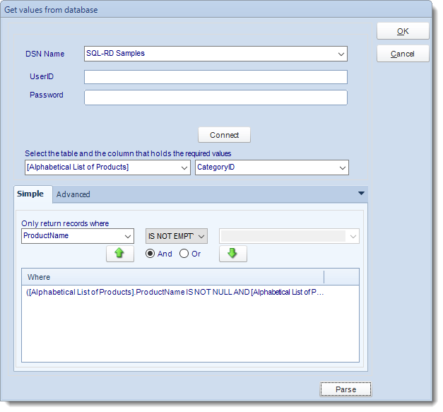 SSRS. Get Values from Database interface in SQL-RD