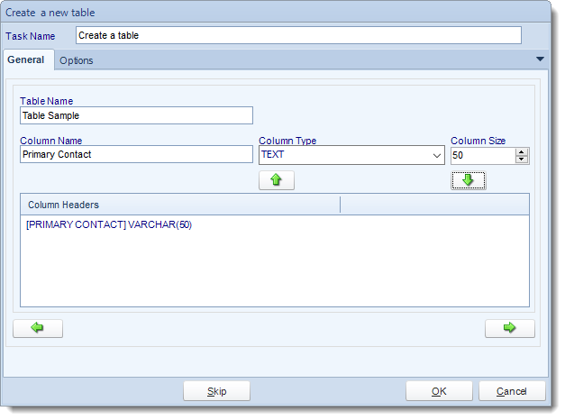 MS Access. Custom Tasks: Create table in MARS.