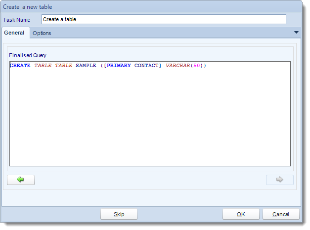 MS Access. Custom Tasks: Create table in MARS.