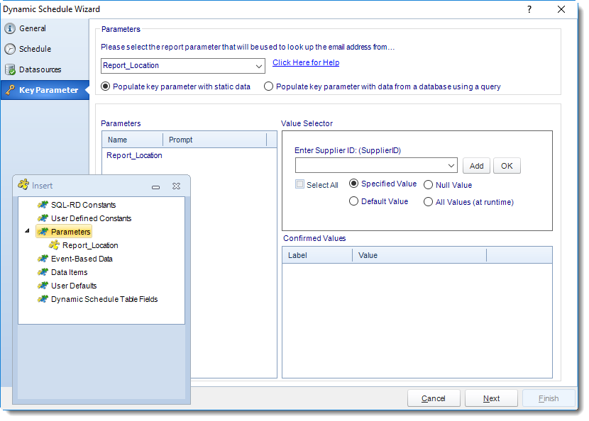SSRS. Key Parameter Wizard in Dynamic Schedule Wizard in SQL-RD