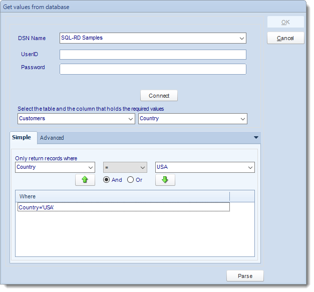 SSRS. Get Values from Database interface in SQL-RD