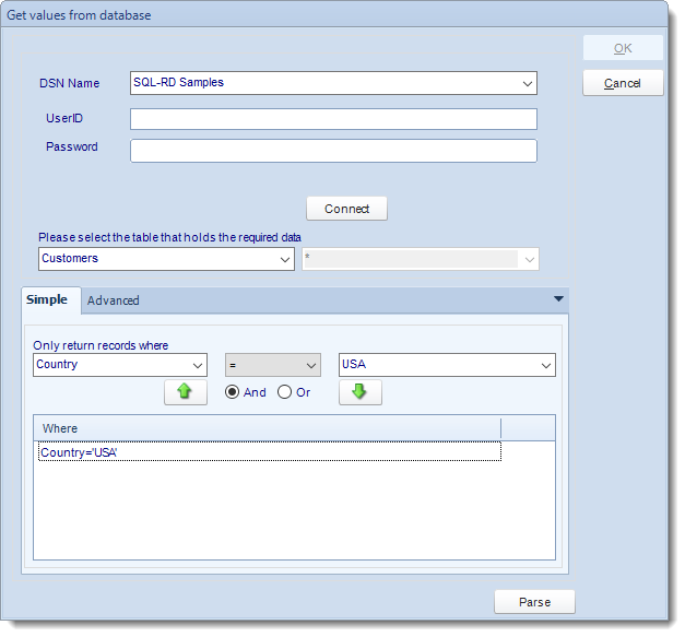 SSRS. Get values from database interface in SQL-RD