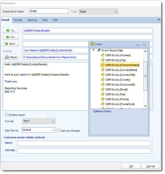 Using Event Based Data Inserts in Email Destination in MARS