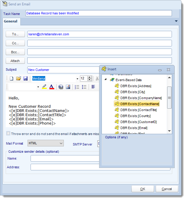 MS Access: Send an Email tasks in MARS.
