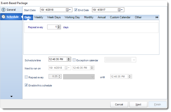 SSRS. Schedule Wizard in Event Based Package in SQL-RD