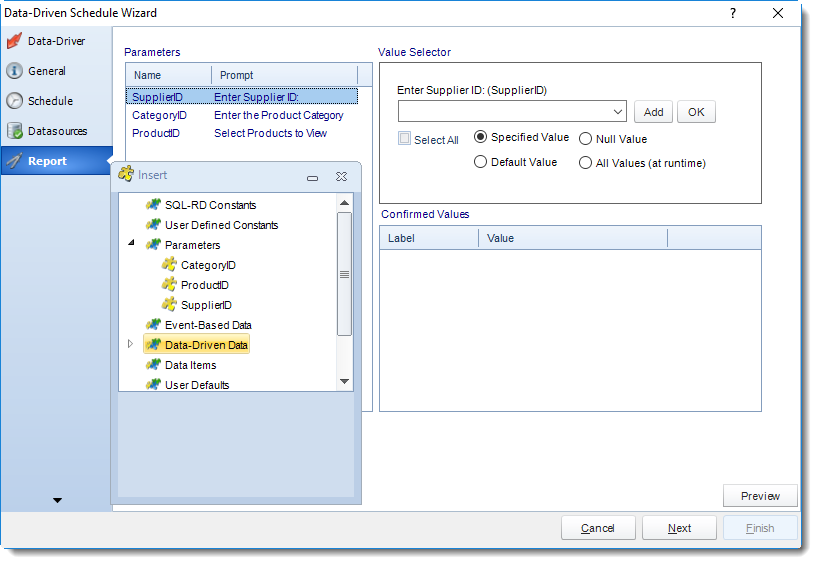 SSRS. Report Wizard in Data Driven Schedule in SQL-RD.