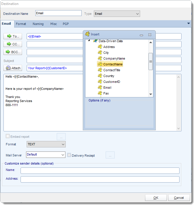MS Access. Using Data Driven Inserts in Email Destination in MARS.