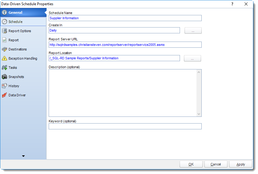SSRS. Data Driven Schedule Properties Wizard in SQL-RD.