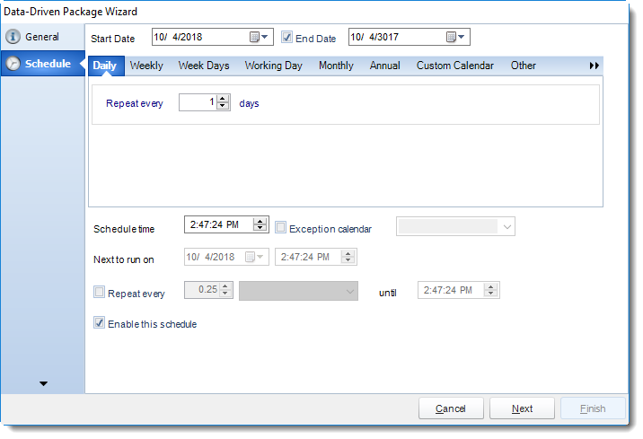SSRS. Schedule Wizard in Data Driven Package in SQL-RD.