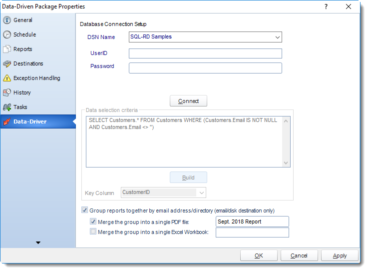 SSRS. Data Driven Packages Properties Wizard in SQL-RD.