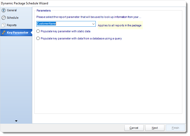 SSRS. Key Parameters Wizard in Dynamic Package Schedule in SQL-RD