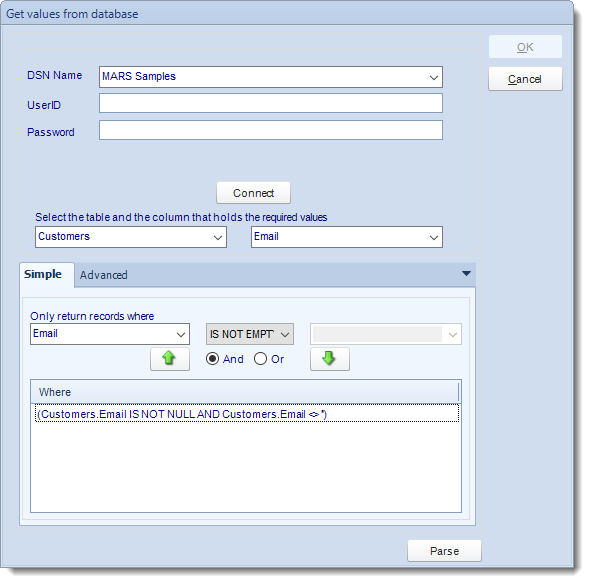 MS Access: Get Values from database interface in MARS.