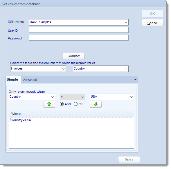 MS Access: Get values from database interface in MARS.