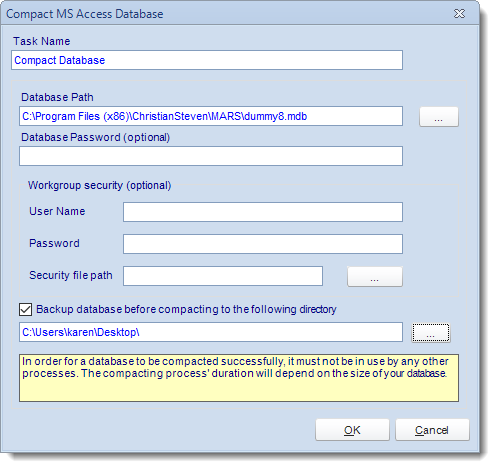 MS Access. Custom Tasks: Compact Database in MARS.