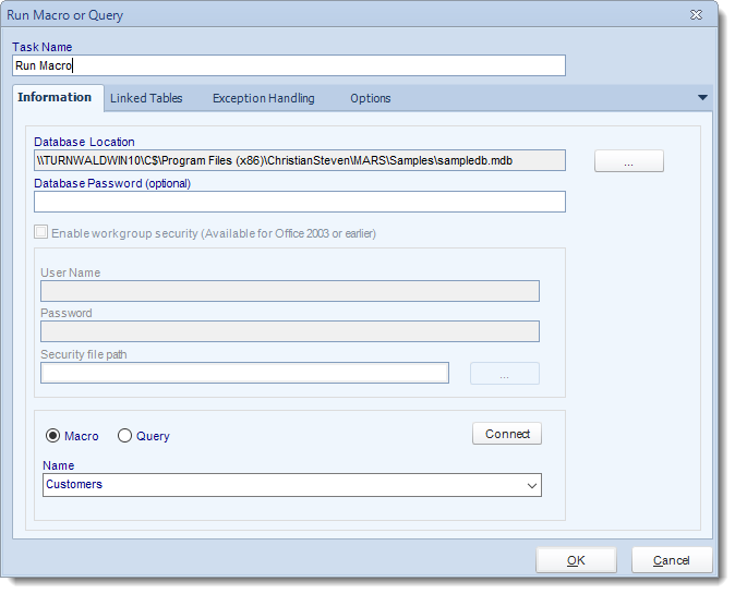 MS Access. Custom Tasks: Run Macro or query in MARS.