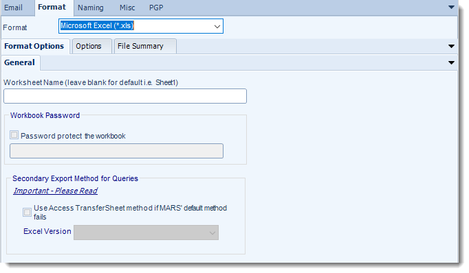 MS Access: MS Excel output formats options in MARS.