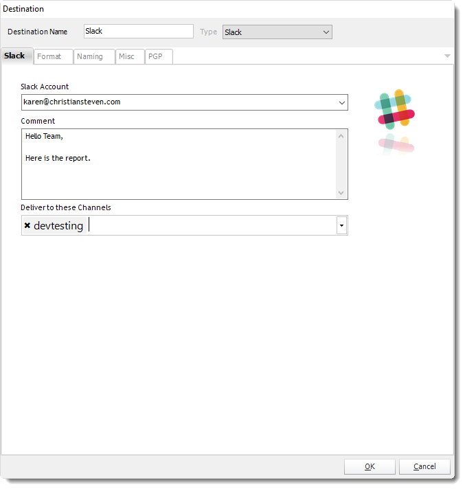 SSRS. Slack Destination Wizard in CRD.