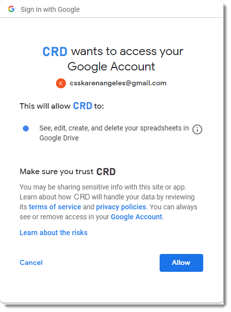 Crystal Reports. Adding a Google Sheets Account in CRD.