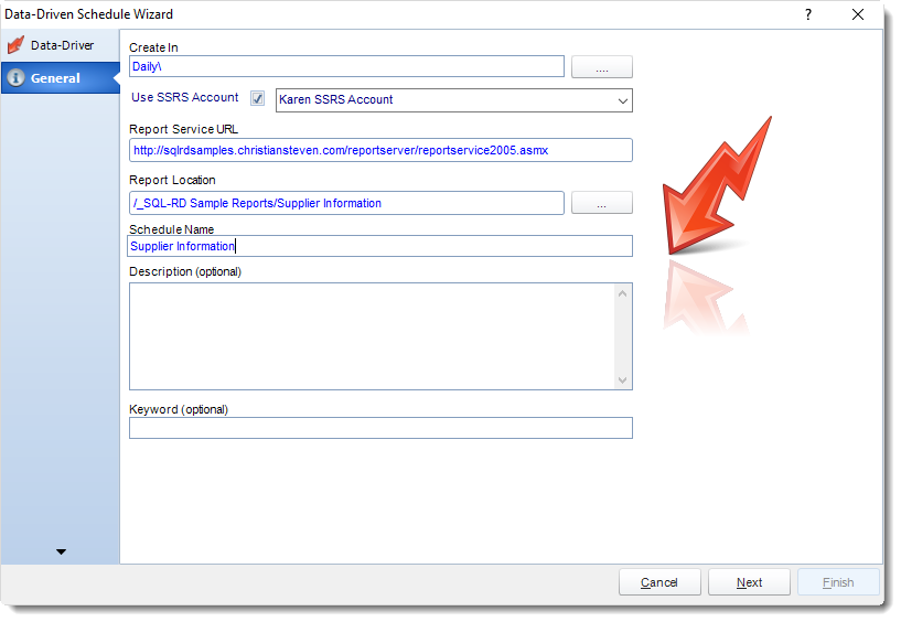 SSRS. General Wizard in Data Driven Schedule in SQL-RD.