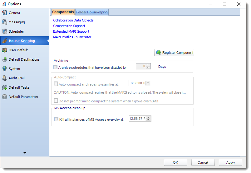 MS Access: House Keeping section in Options in MARS.