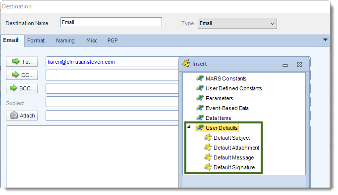 MS Access: Using User Defaults constants in Email Destination in MARS.