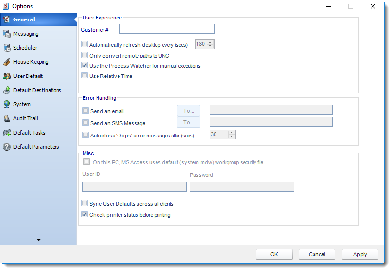 MS Access: General section in Options in MARS.