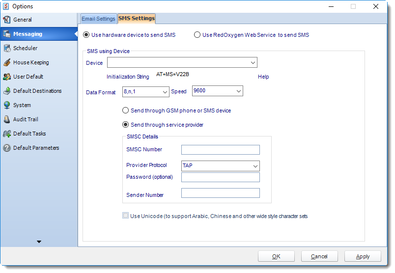 MS Access: SMS Settings in Options in MARS.