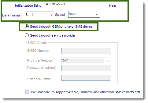 MS Access: SMS Settings section in Options in MARS.