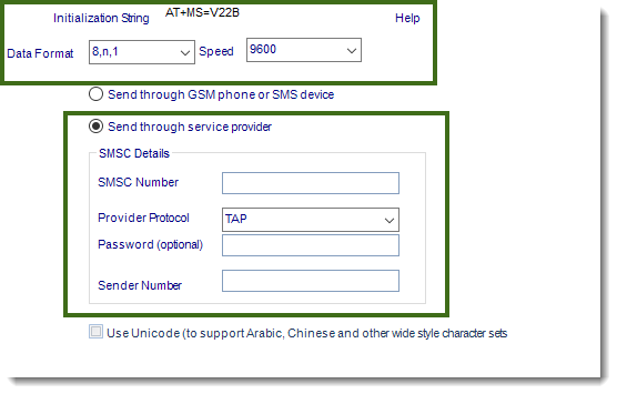 MS Access: SMS Settings section in Options in MARS.