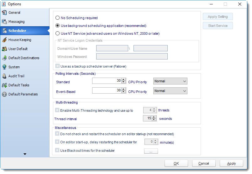 MS Access: Scheduler section in Options in MARS.