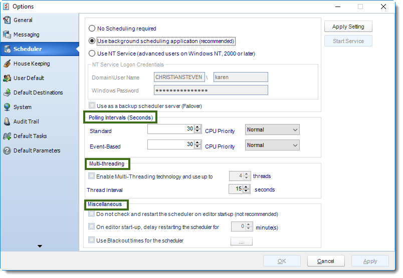 MS Access: Scheduler section in Options in MARS.