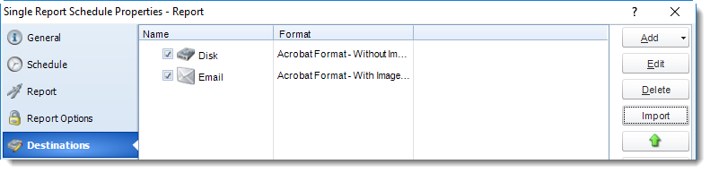 MS Access: Destination Wizard in Single Report Schedule Properties in MARS.