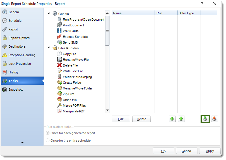 MS Access: Tasks wizard in Single Report Schedule Properties in MARS.