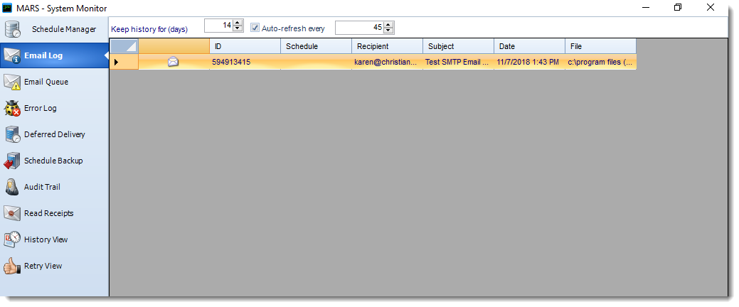 MS Access: Email Log in System Monitor in MARS.