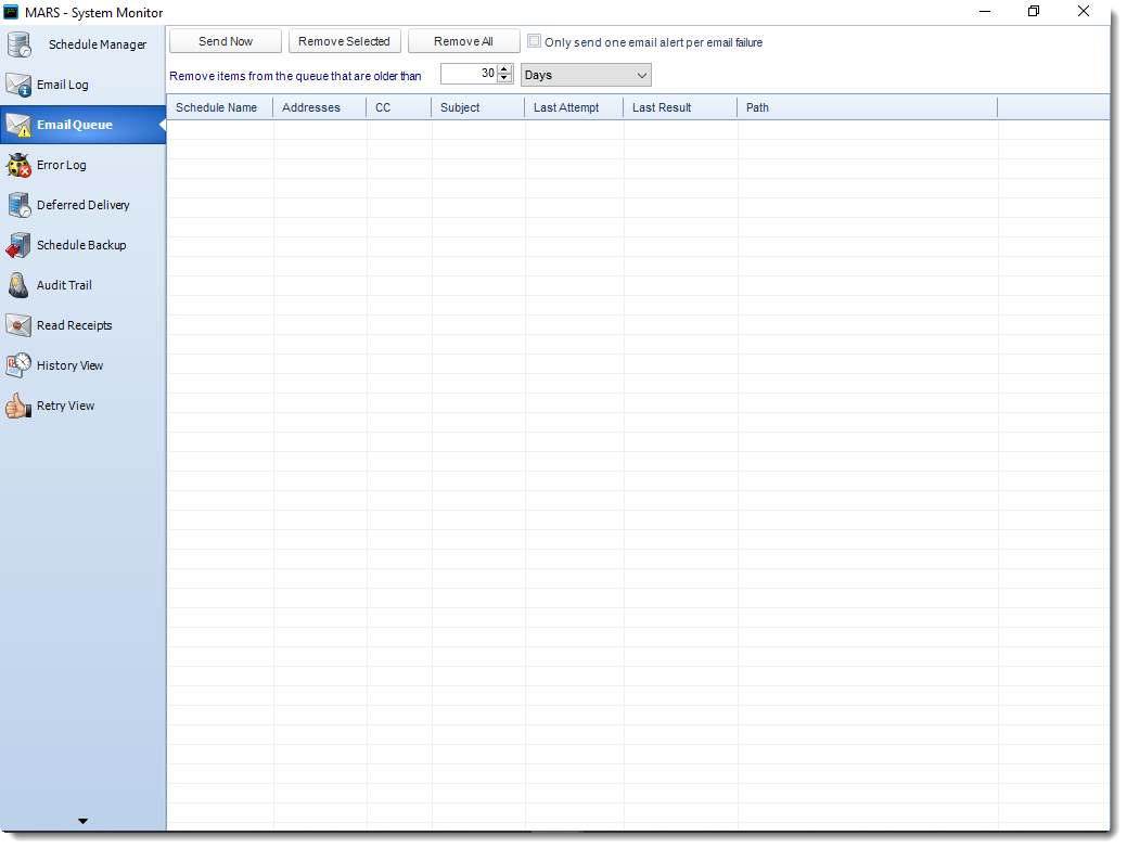 MS Access: Email Queue in System Monitor in MARS.